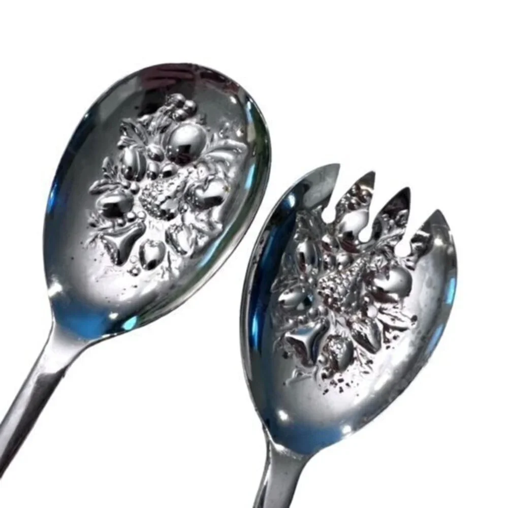 Vintage Sheffield England Embossed Silver Plate Salad Serving Fork & Spoon 9.5